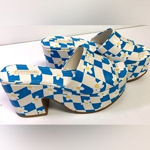 LARROUDÉ Miso Platform Sandals in Teal Chess